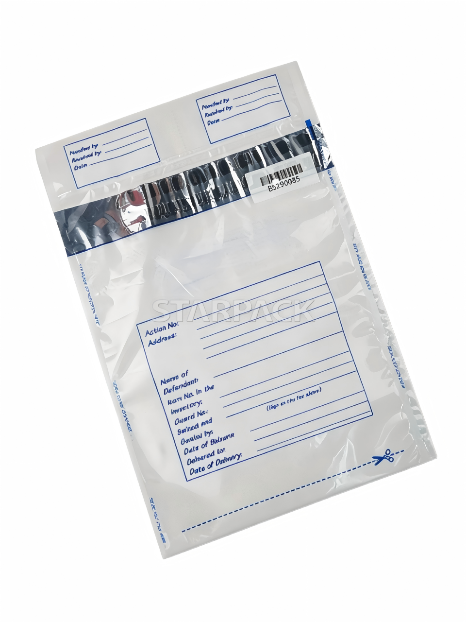 Angled shot thickened transparent forensic evidence bag with one-time breakable security seal strip, waterproof tear resistant plastic pouch compliant with judicial authority evidence custody regulations