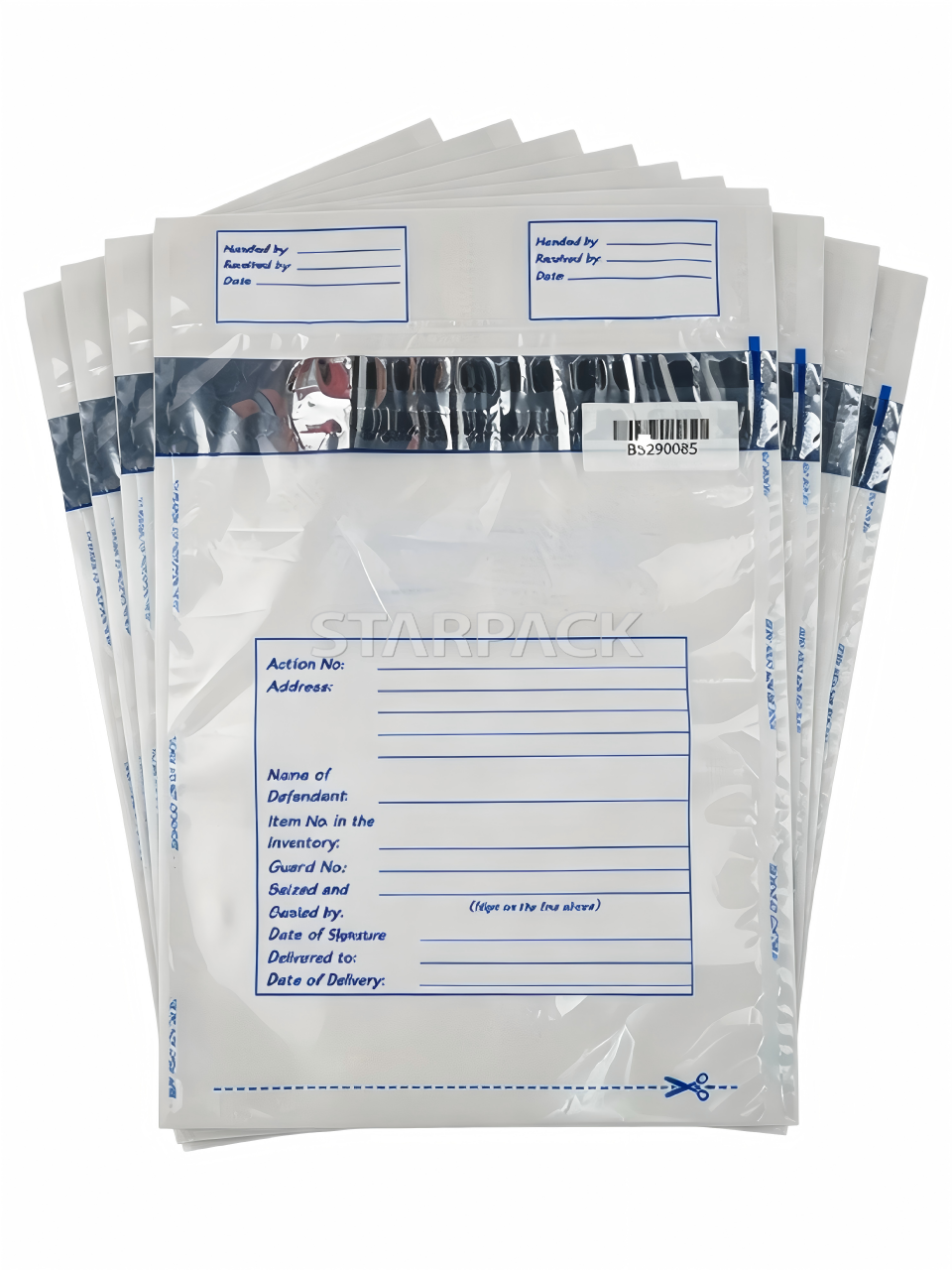 Multiple fan spread disposable tamper evident judicial security bags, standard printed case record blanks, bulk wholesale packaging for police station, procuratorate forensic specimen collection and transit