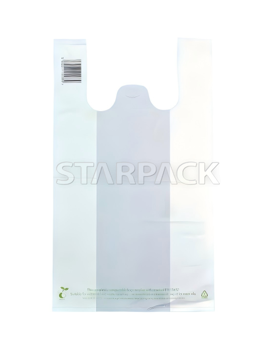 Unprinted clear fully biodegradable t-shirt carry bag, compostable disposable vest plastic bag customizable logo for retail grocery store use