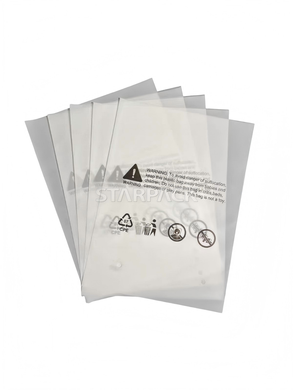 Fan display bulk matte white GRS certified recycled flat packaging bags printed hazard symbols, eco bulk recyclable pouches for e-commerce apparel order packing