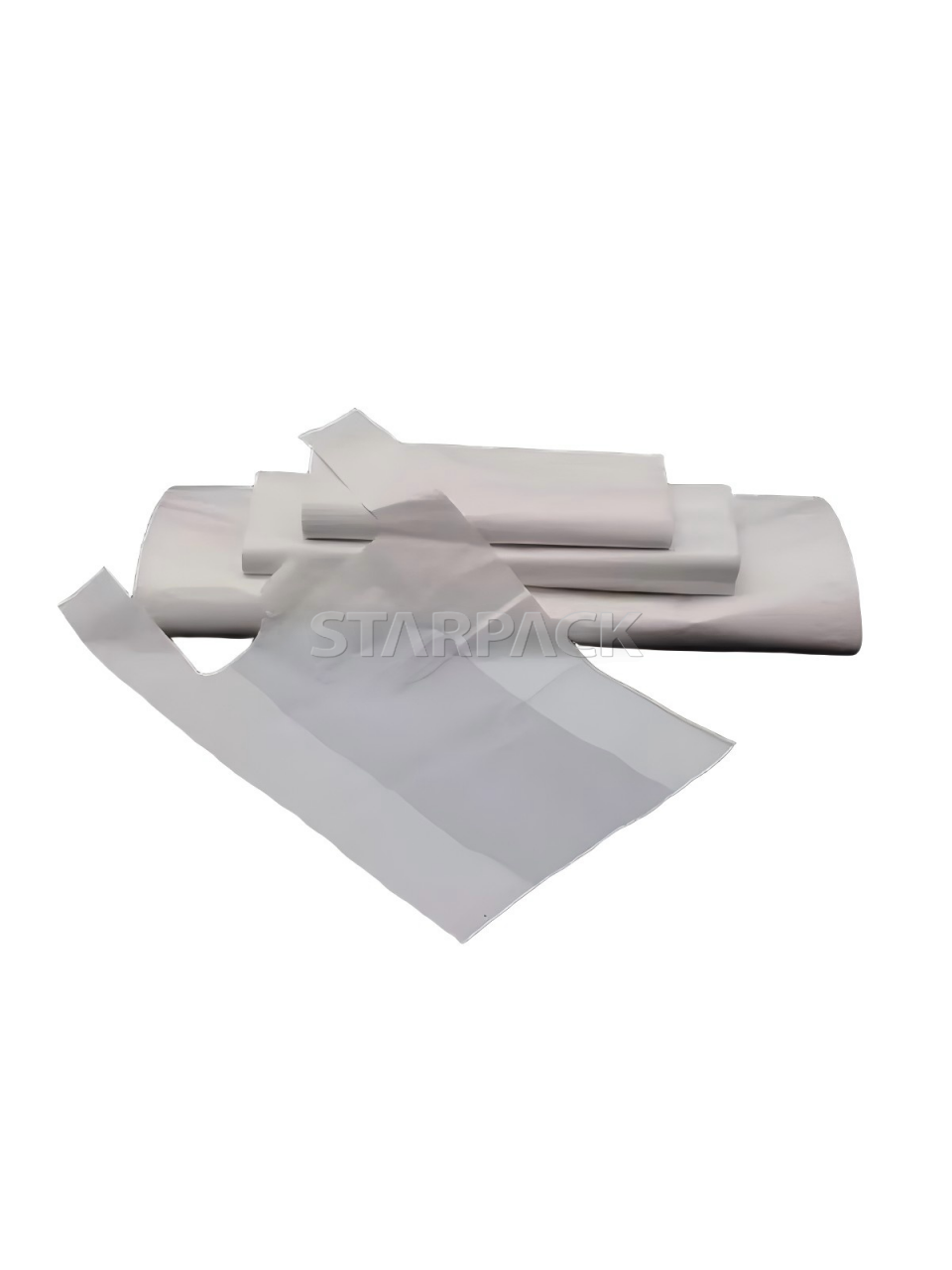 Stacked folded clear white and matte grey GRS recycled vest carry bags, multi-color eco recyclable disposable grocery shopping pouches for wholesale