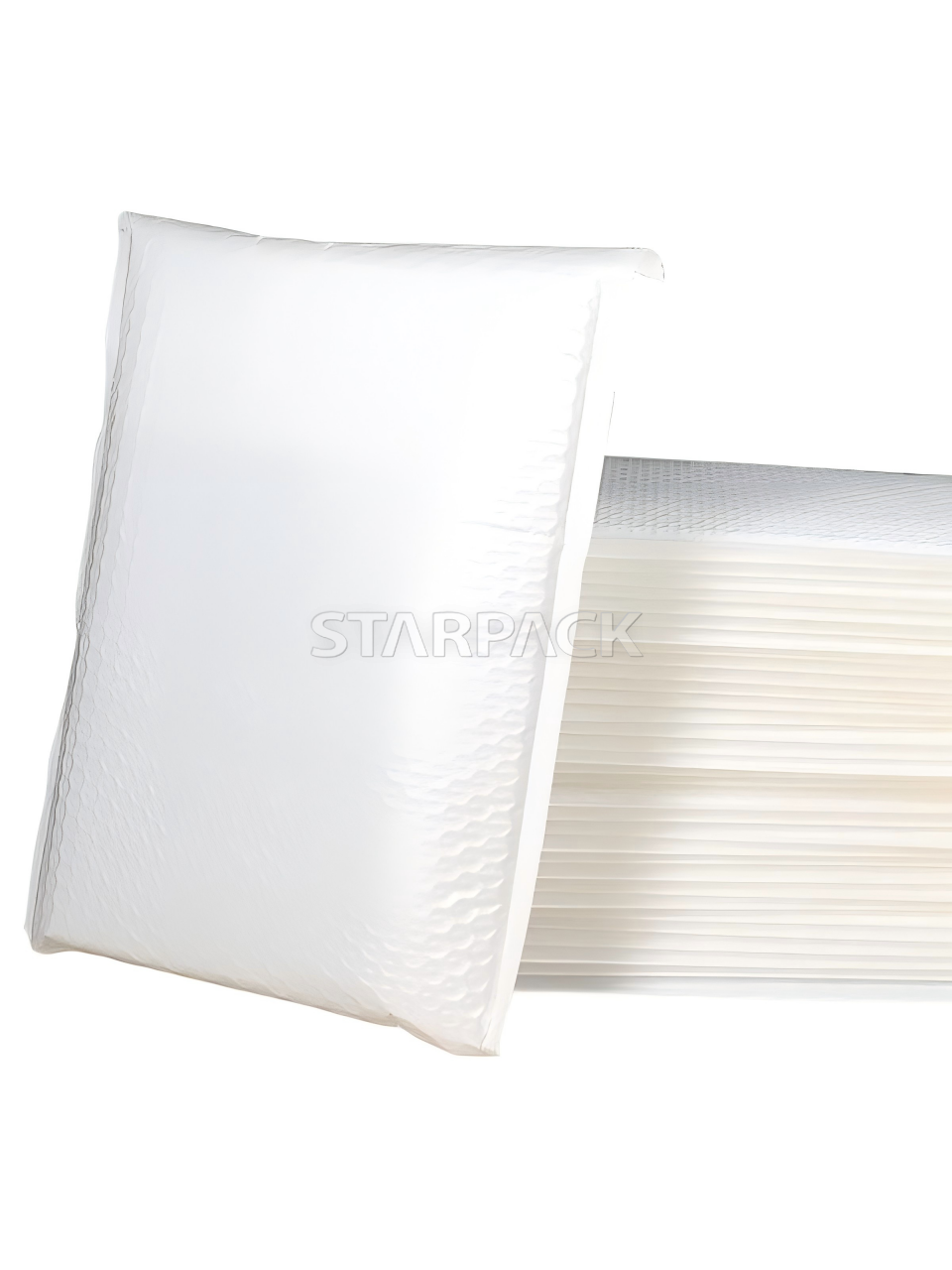 Angled overlap display matte white & off-white pearlized bubble mailers, soft pearlescent texture shockproof padded bags for fashion accessory shipping packaging