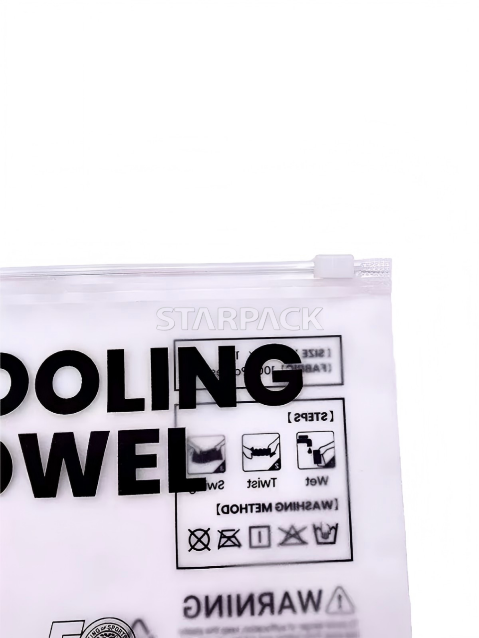 Detail shot GRS certified recyclable zip lock bag with bold text & care symbol printing, thick recycled plastic zipper pouch for fitness towel retail packaging