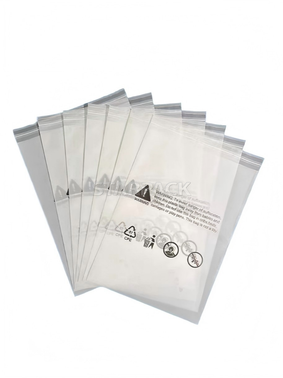 Multiple fan spread white GRS certified self seal pouches, bulk eco recycled packaging bags with warning print for fashion brand daily packing