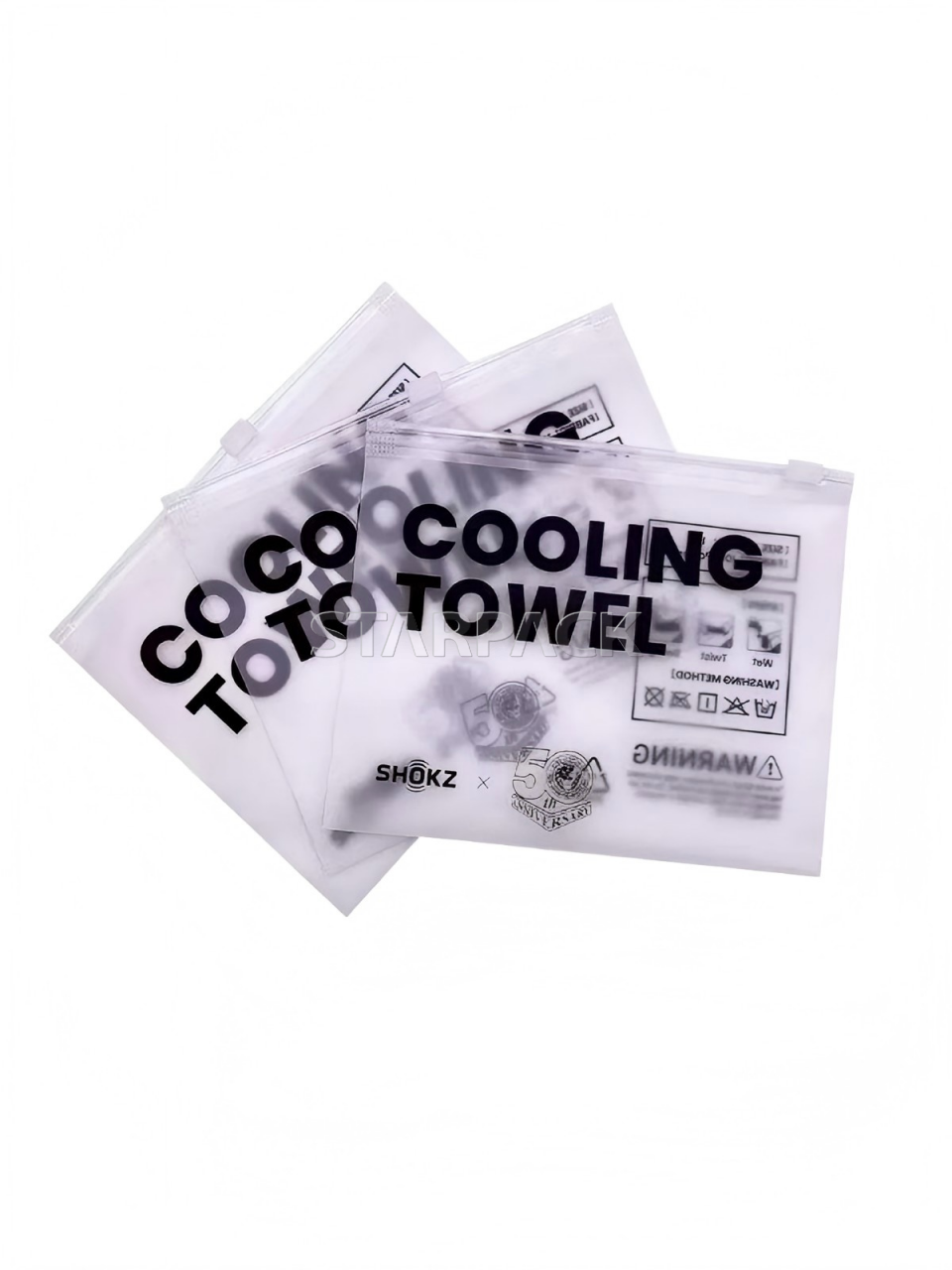 Overlap display two GRS recycled zipper pouches printed COOLING TOWEL logo, eco recyclable zip bags customizable print for sports accessory packaging