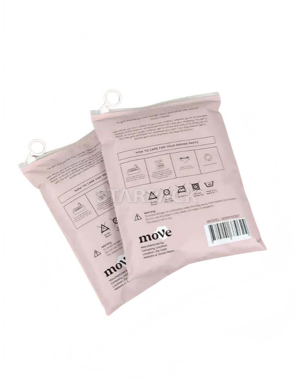 Reverse side detail shot matte pink resealable zip pouch with printed washing care symbols and barcode, lightweight dustproof zip bag for swimwear, activewear online store packaging