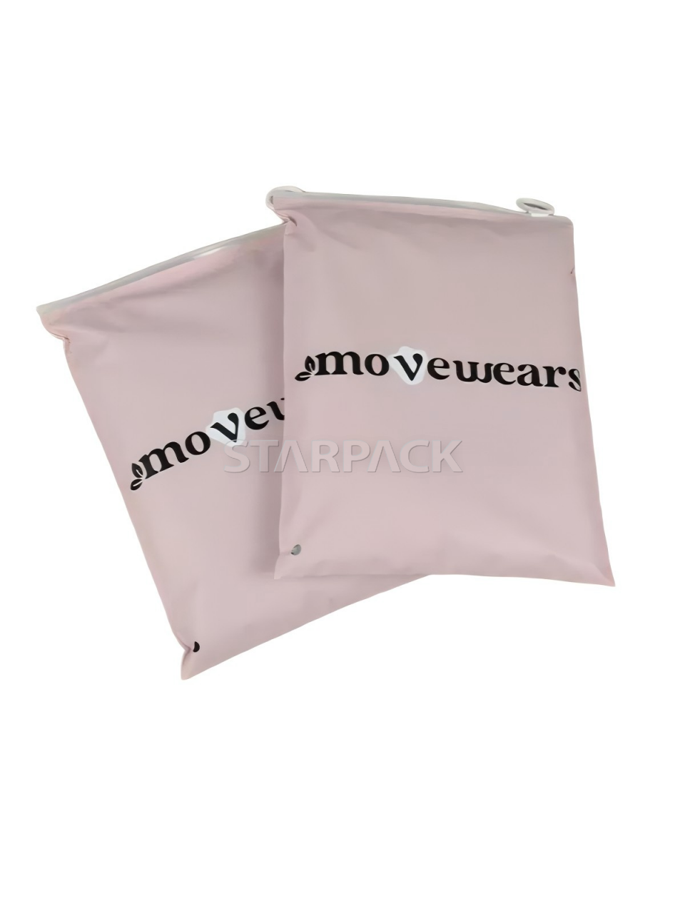Overlap display two matte light pink zip lock bags with brand print, tear resistant flexible plastic resealable pouch customizable design for fashion accessories packing