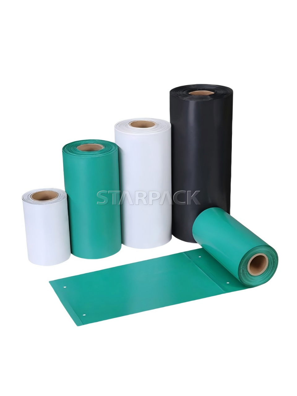 Mixed color black white green continuous poly mailer roll bags in various widths, waterproof stretchable coextruded film customizable print for logistics automatic packaging equipment