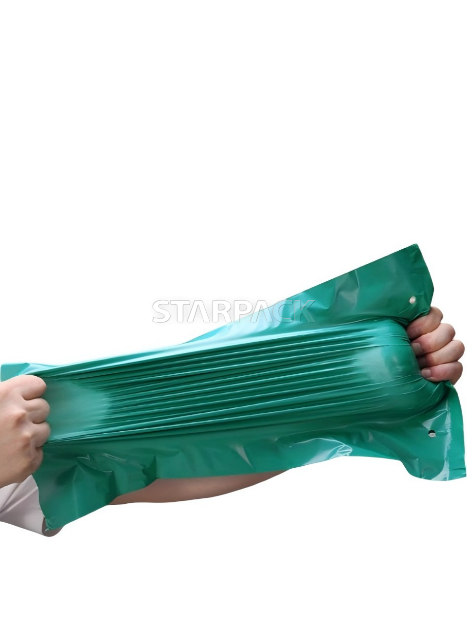 Hand pull stretch demonstration thickened green continuous self seal mailer roll, puncture resistant flexible plastic film for high volume online store automatic parcel packing