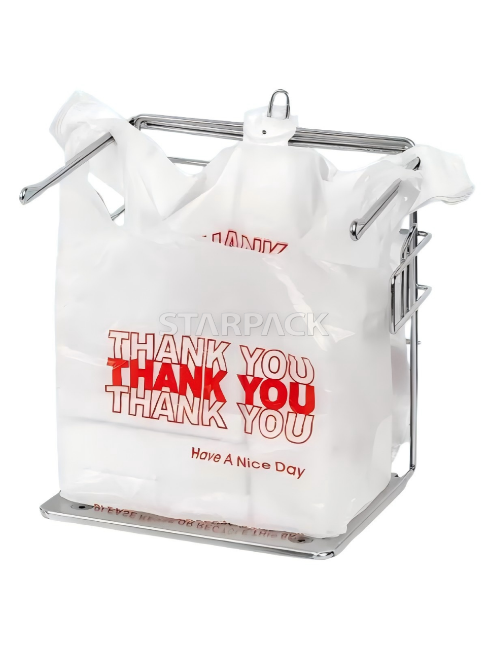 Retail rack display disposable white t-shirt vest bag with THANK YOU logo print, bulk wholesale lightweight plastic carry pouch for supermarket checkout shelf display packaging