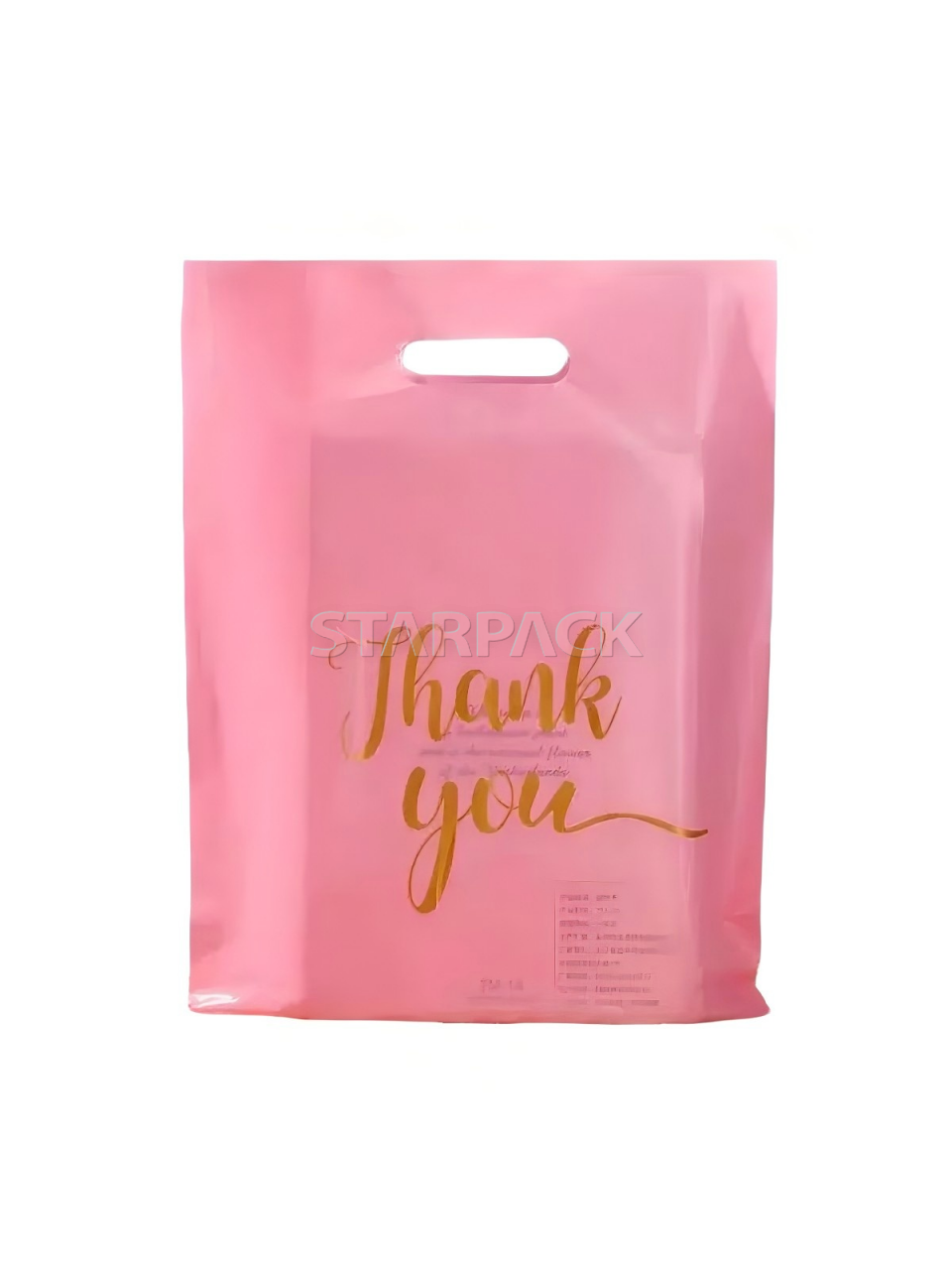 Soft pink glossy die cut handle plastic gift bag with gold script Thank You print, tear resistant reusable carry pouch for clothing boutique, small gift takeaway packaging