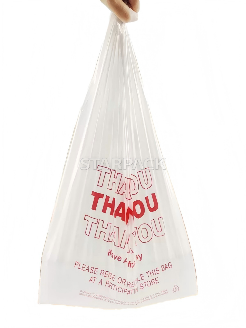 Hanging handheld display thickened disposable vest carry bag with red THANK YOU print, stretch resistant plastic t-shirt pouch for daily grocery shopping, market parcel packaging