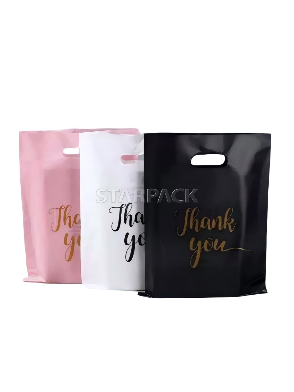 Three-color mixed display glossy plastic die cut handle bags in black, white, pink with gold foil Thank You print, customizable logo gift carry bags bulk wholesale for retail store checkout packaging