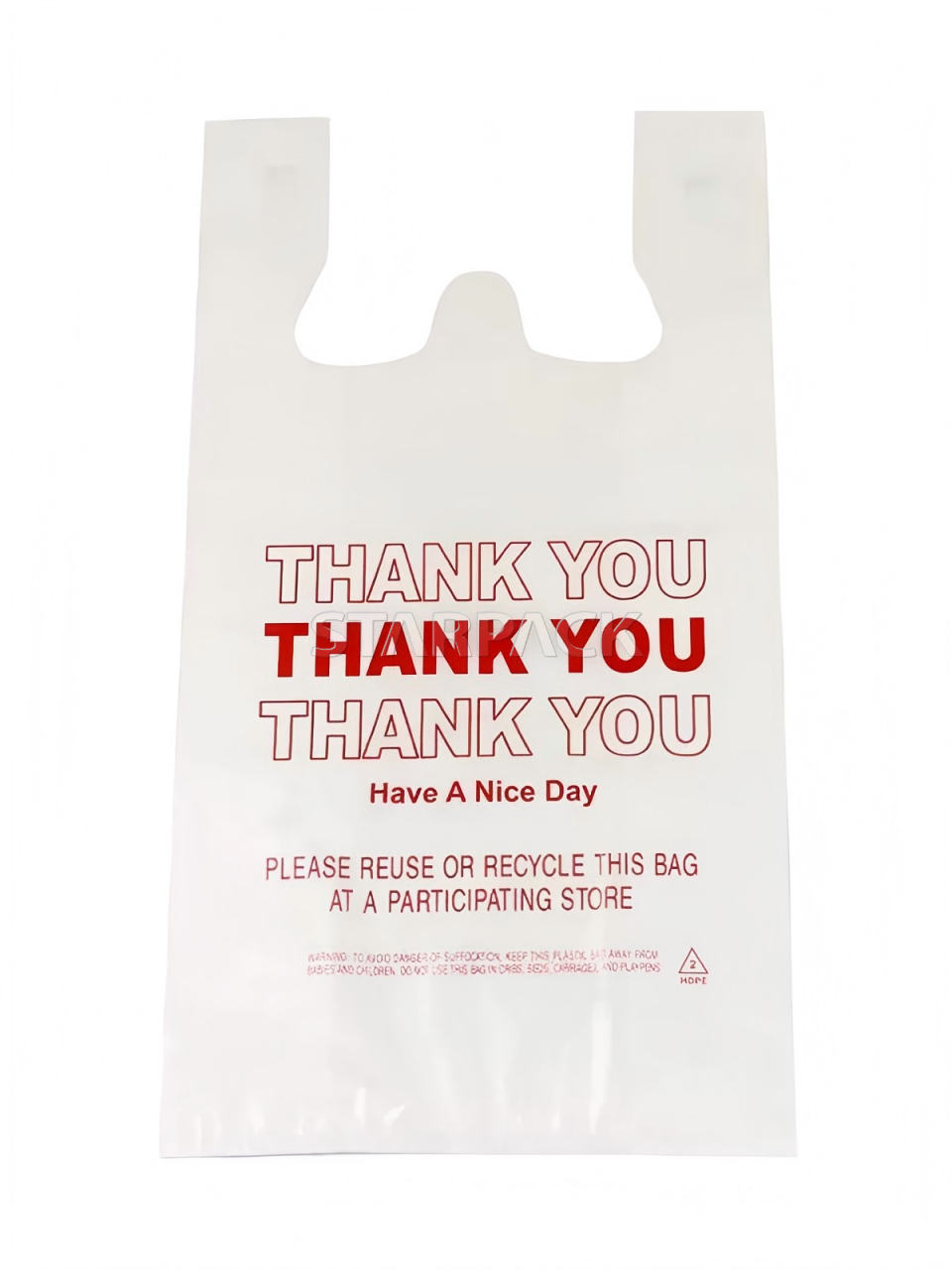 Flat front view matte white t-shirt vest plastic bag with multi-line THANK YOU slogan print, cheap lightweight disposable carry bag for convenience store takeaway retail packaging