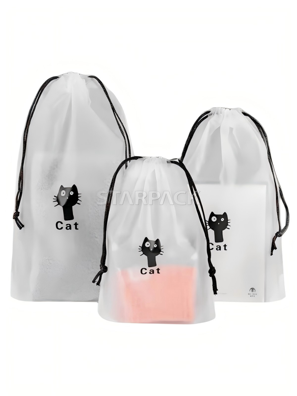 Multi-piece mixed color drawstring storage pouches in pink, white, light grey with cartoon cat print, soft semi transparent draw cord packaging for small gift, skincare product retail wrapping