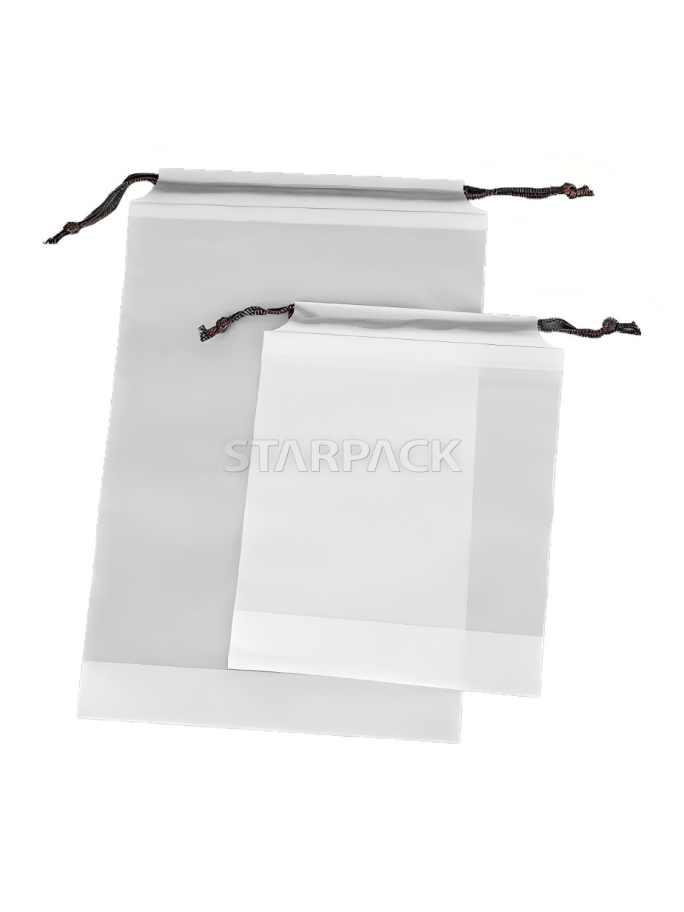 Side-by-side display large & small semi transparent drawstring pouches in white and light grey, reusable draw cord dust bag customizable logo for boutique apparel accessory packing