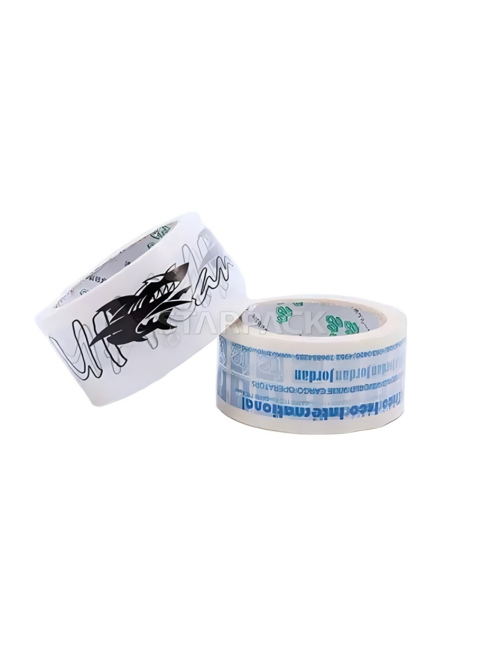 Slant view two printed packing tape rolls with warning symbol & text print, waterproof scratch resistant adhesive tape for fragile goods carton marking and sealing