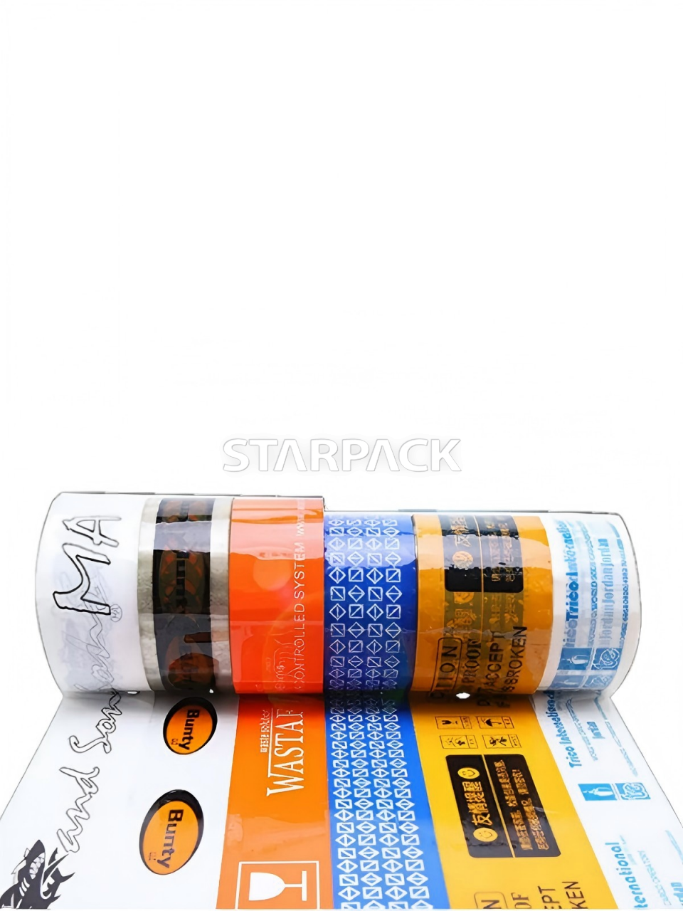 Horizontal arrangement multi-width custom printed shipping tape with visible printed graphic layer, high tensile strong glue BOPP tape for warehouse bulk carton packing, brand promotional printing available