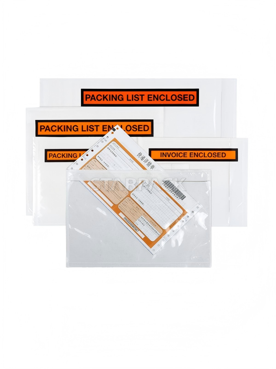 Multi-size assorted clear light peel self-adhesive invoice enclosed bags with orange printed label, gentle release adhesive no damage to carton printing, tear resistant plastic slip envelopes factory wholesale for freight packaging