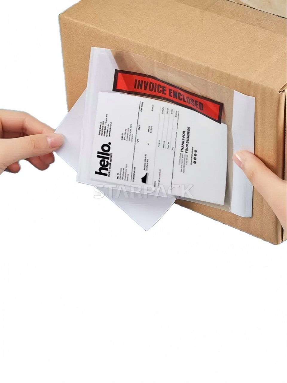 Practical operation shot light release self-adhesive packing list pouch stuck on brown carton, hand pulling out shipping slip easily without tearing paper or leaving glue residue, ideal for cross-border e-commerce warehouse sorting work