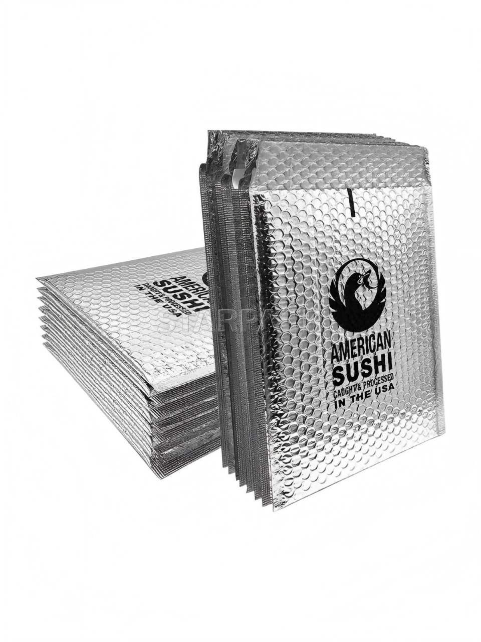 Stack display multiple metallized aluminum coated bubble shipping envelopes with brand print, thermal insulation shock absorbent eco padded bags for e-commerce retail high-end order packing