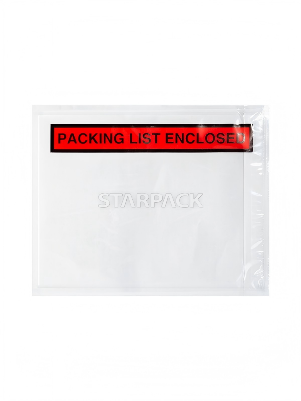 Front flat single clear plastic light peel self-stick packing list bag with red warning print, low tack easy release adhesive, waterproof transparent window design for fast access shipping documents in warehouse logistics
