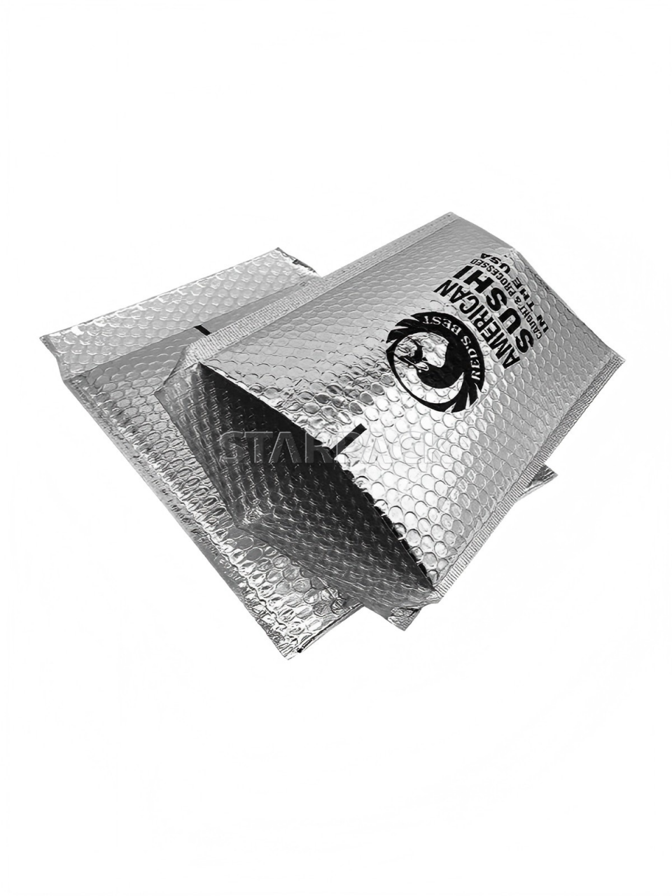 Angled folded detail shot metallized aluminum film bubble padded bag, puncture resistant light blocking mailer to protect light sensitive products during transit