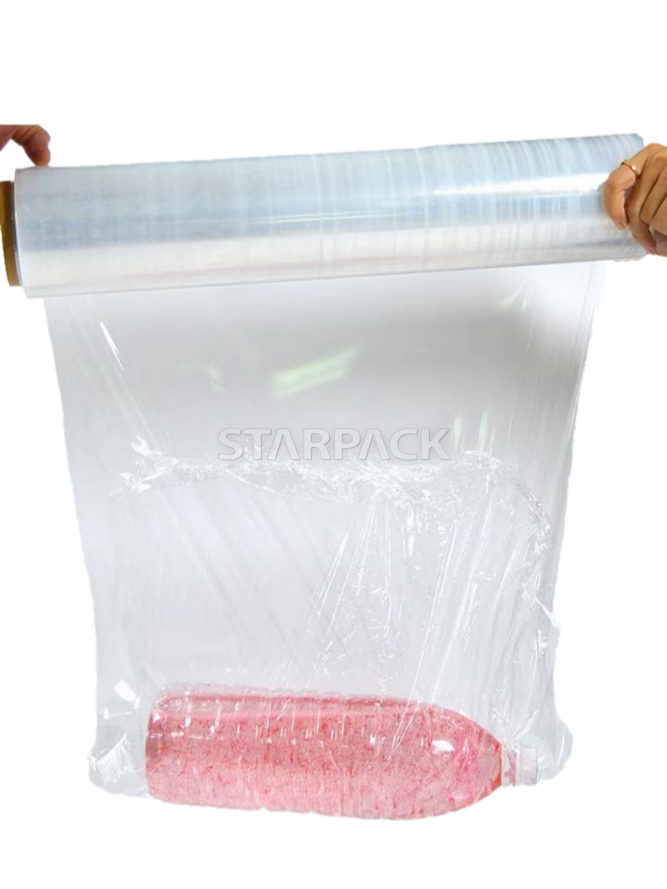 Pull-out stretch demo transparent PE stretch wrap film tightly wrapping goods, strong self cling & stretch performance waterproof dustproof film for cross-border freight cargo consolidation packaging
