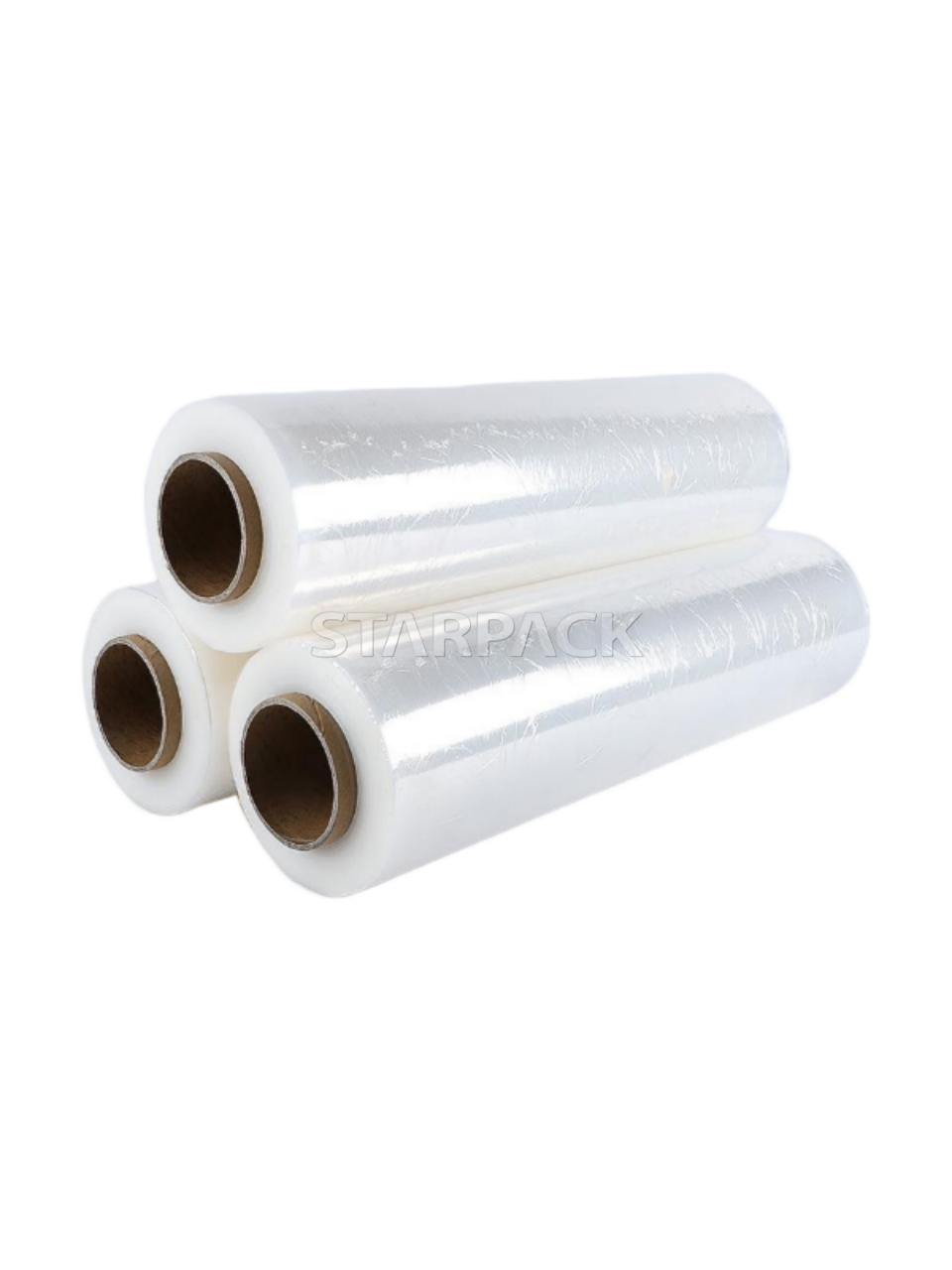 Slant stack three rolls glossy clear hand stretch film, high tensile self cling PE wrapping film, heavy duty stretch plastic roll for factory pallet goods secure bundling and dust protection