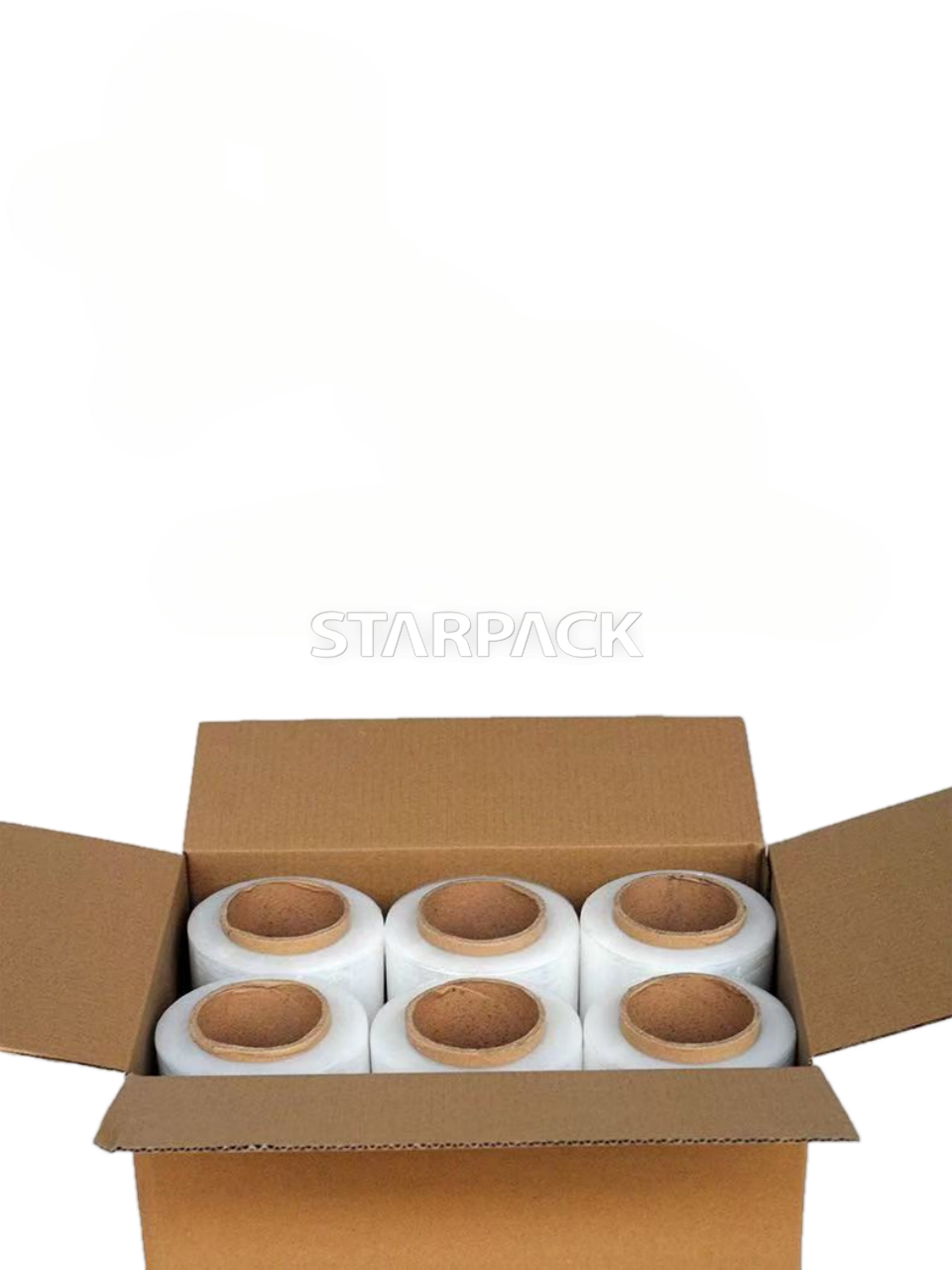 Open brown carton with six rolls clear PE stretch wrap film inside, factory wholesale bulk hand stretch wrapping rolls, cost-effective logistics pallet bundling packaging supplies for warehouse & shipping companies