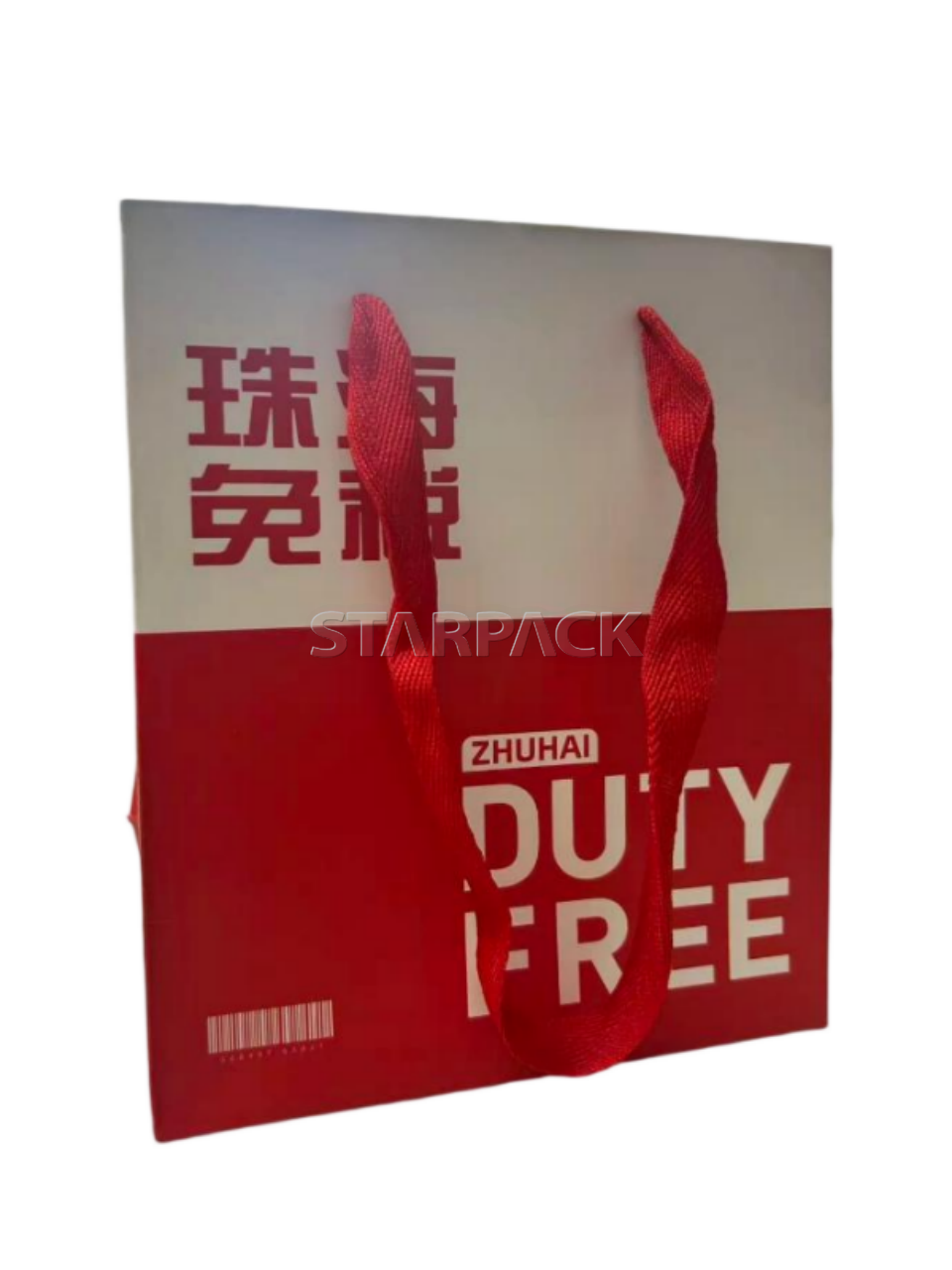 Large format red white split duty free paper tote bag printed DUTY FREE text and Chinese duty free words, thick wear-resistant coated paper ribbon handle bag, custom branding packaging for airport tax free shop high-end merchandise