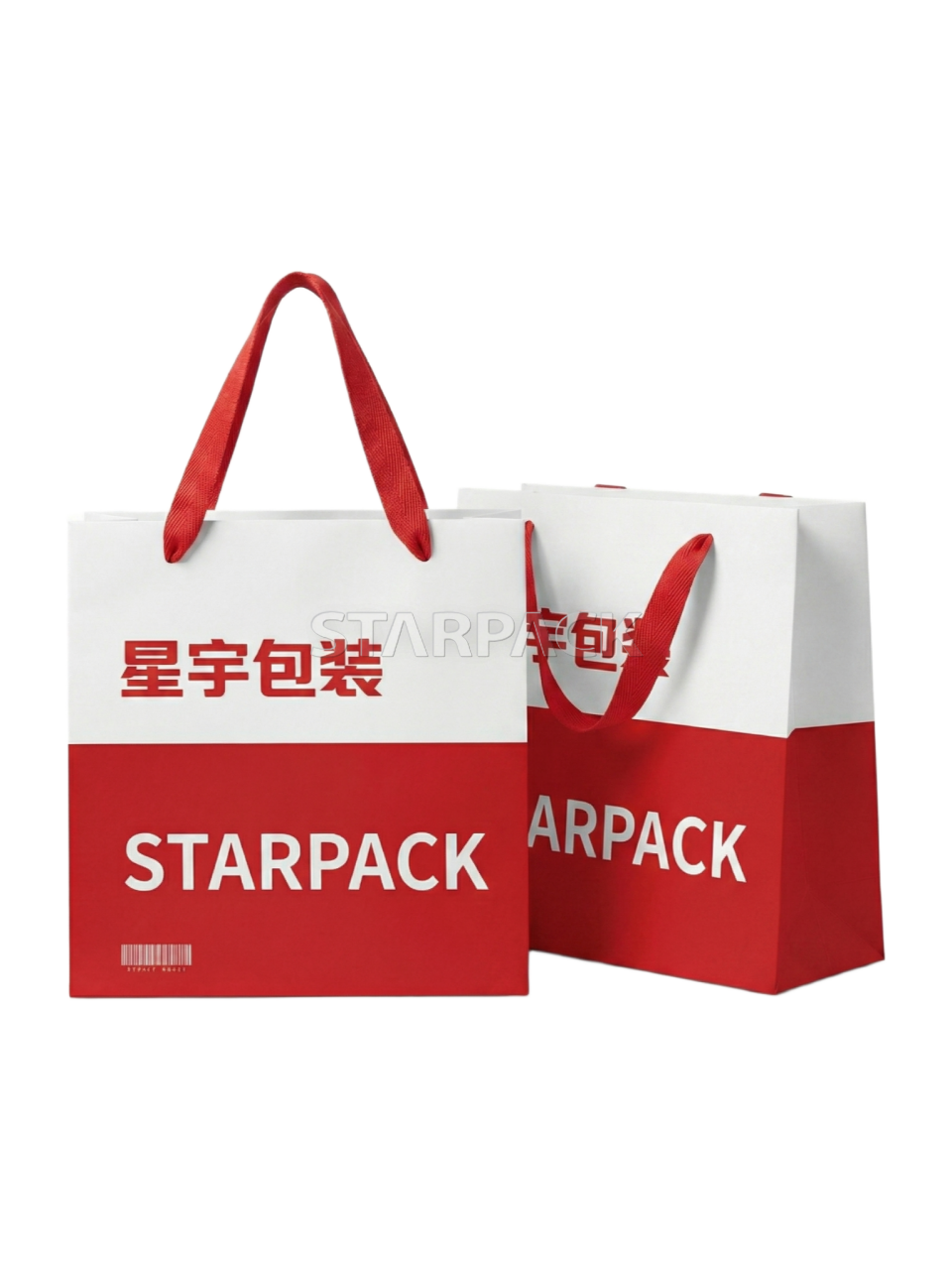 Two sizes matched red-white coated paper duty free shopping bags, identical custom logo print red cord handle, multi-size portable carry bags for airport duty free retail souvenir, luxury goods packaging wholesale