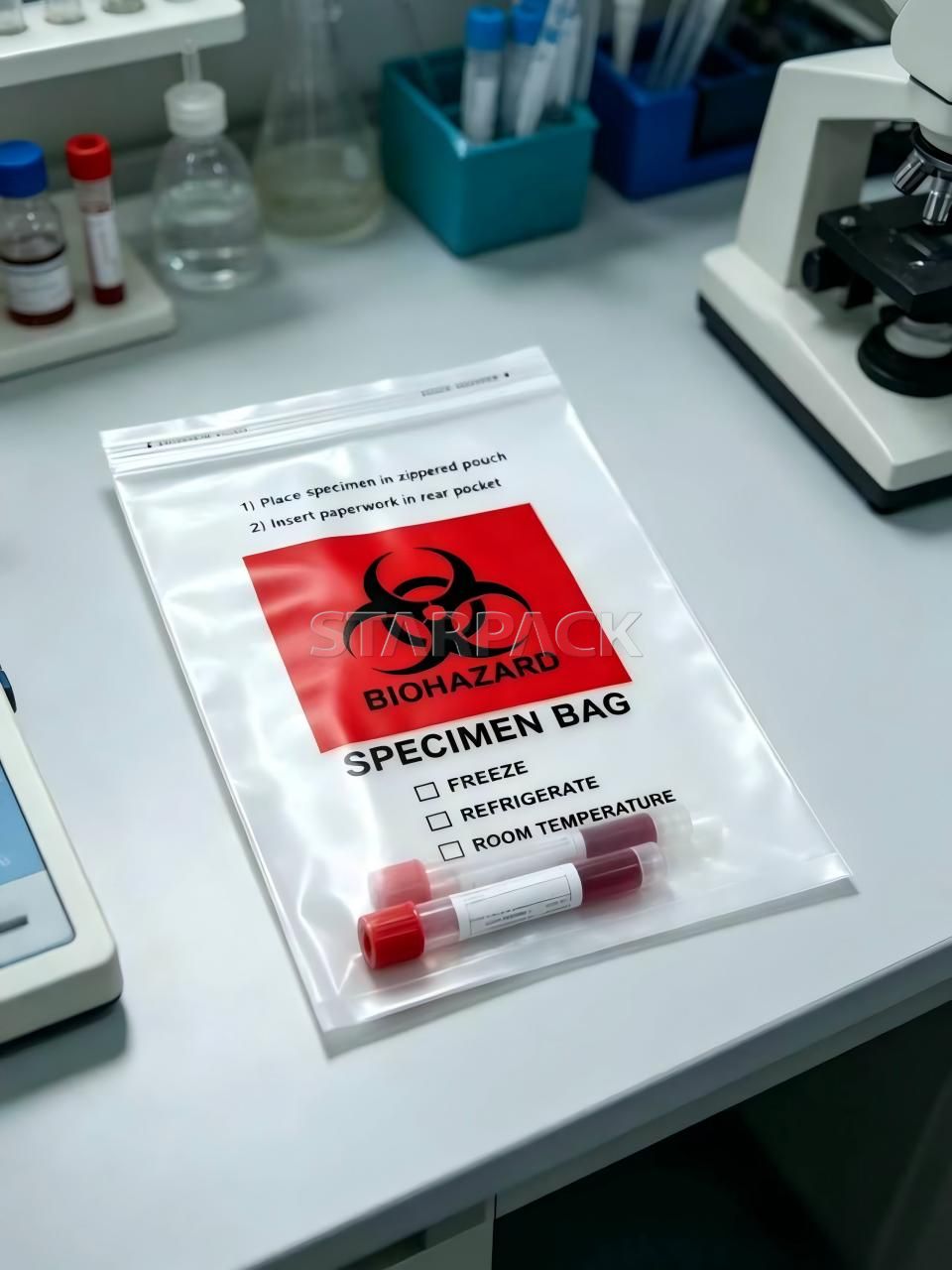 Fully degradable biohazard specimen bag placed on laboratory workbench with test tubes, eco medical packaging