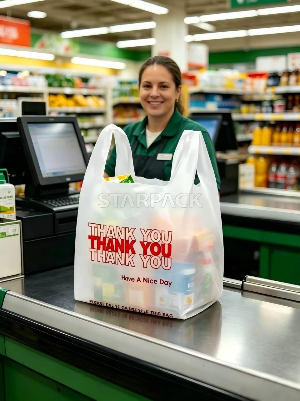 Real supermarket checkout application scene white disposable t-shirt vest bag printed THANK YOU, economical multi-use plastic carry bag for grocery, food, daily goods retail packaging