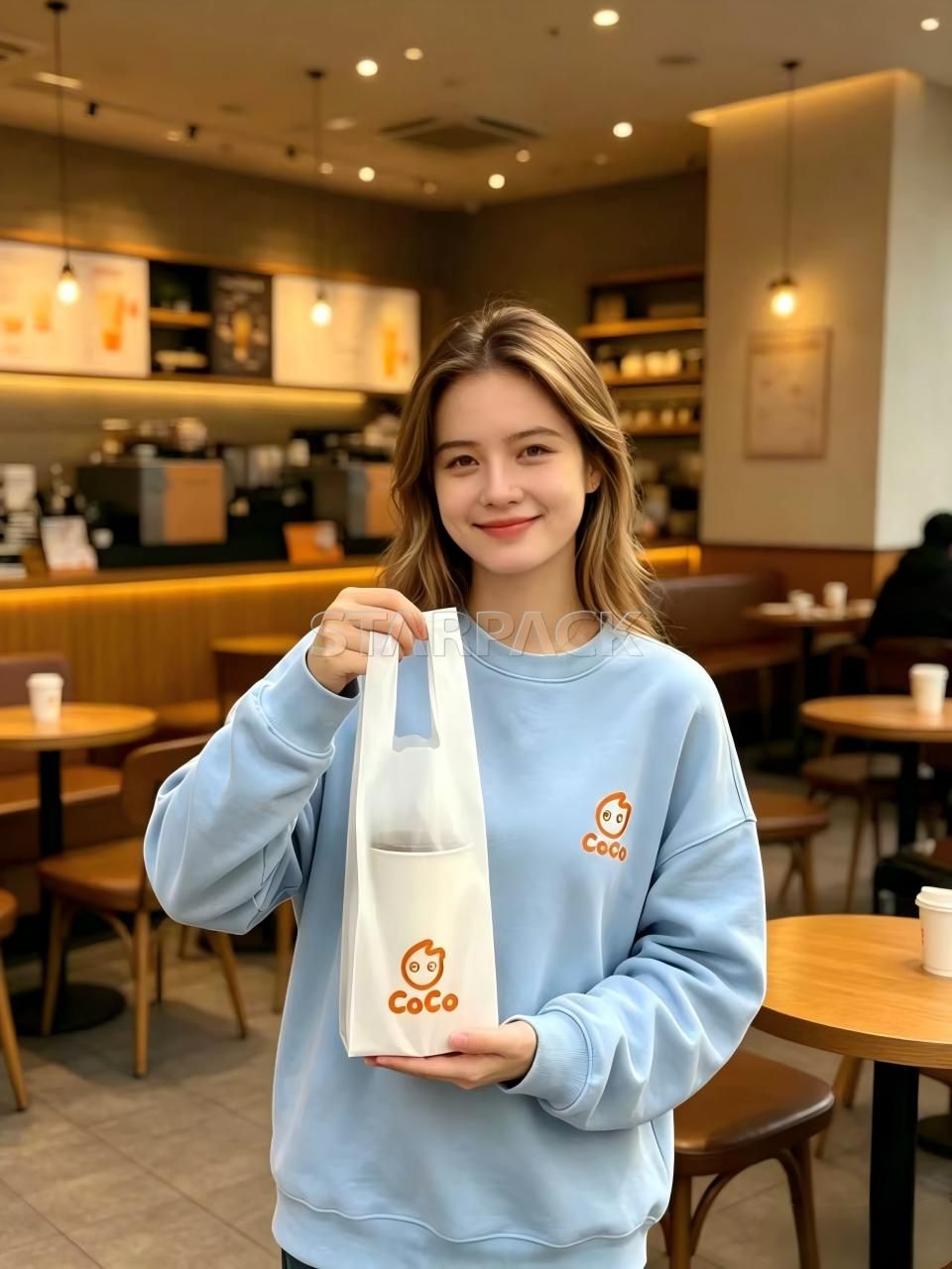 Woman holding fully biodegradable printed CoCo logo bubble tea carry bag inside milk tea shop, eco friendly takeaway packaging