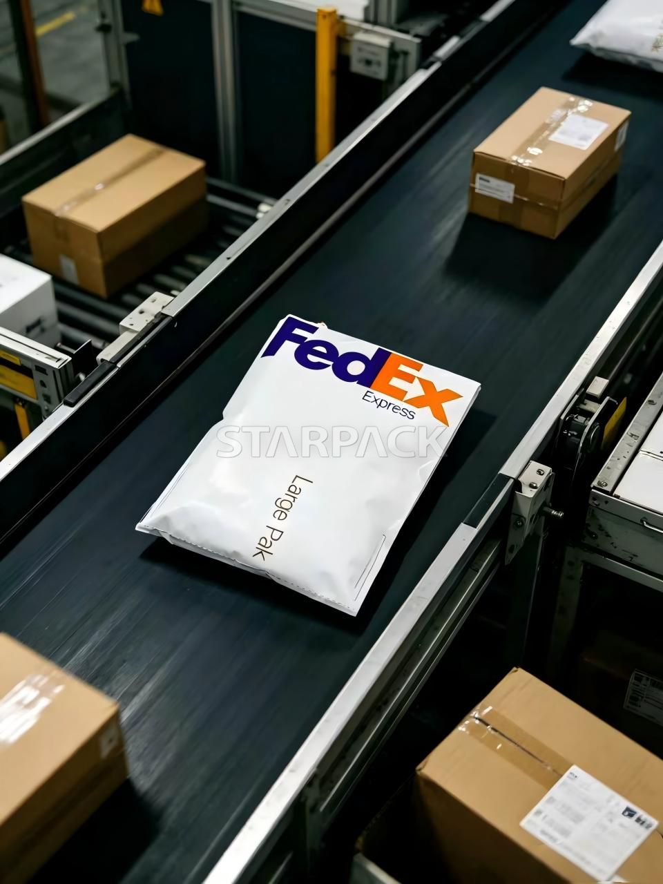 FedEx Express Large Pak mailer on automated logistics sorting line with carton parcels