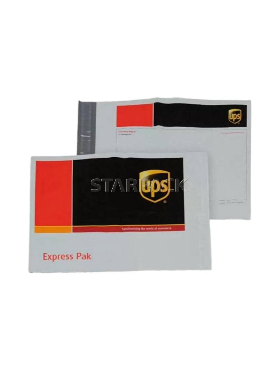 Two stacked UPS branded plastic shipping envelopes for international e-commerce logistics