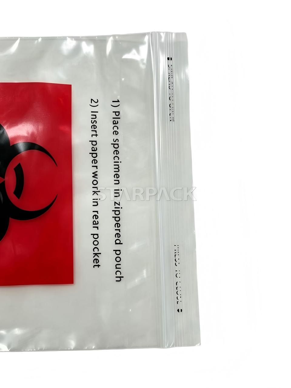 Side angle view of eco fully degradable biohazard lab specimen bag with printed warning logo