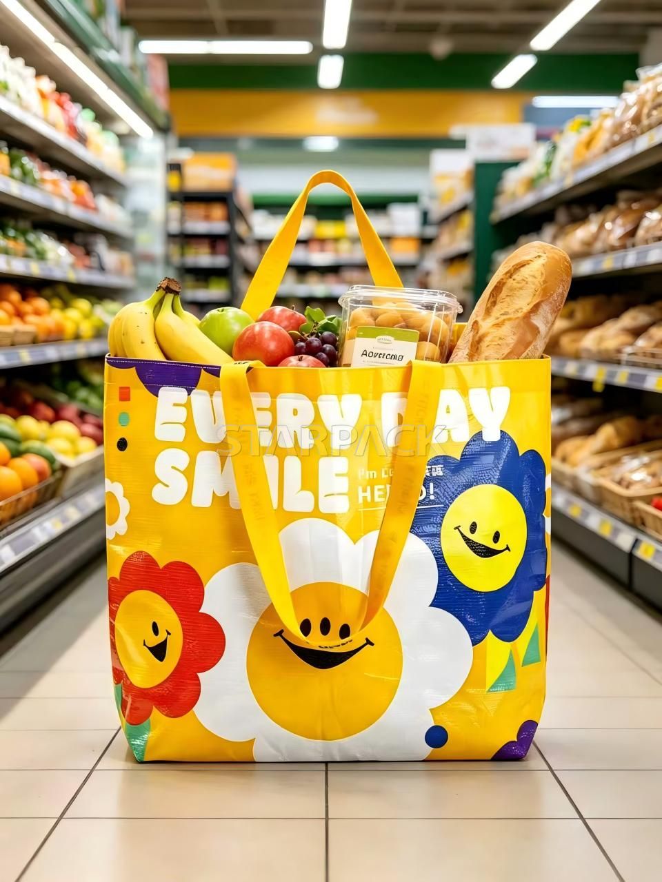 Eco friendly smile print PP woven reusable grocery bag placed in supermarket aisle for daily food shopping