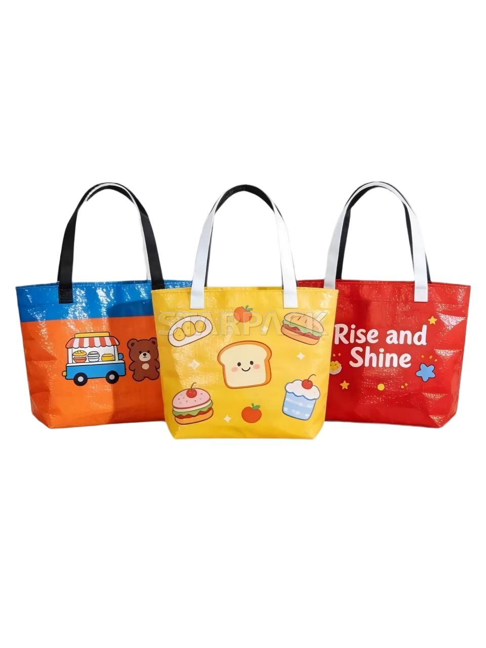 Assorted colorful food pattern polypropylene woven reusable shopping bags, customizable logo grocery totes