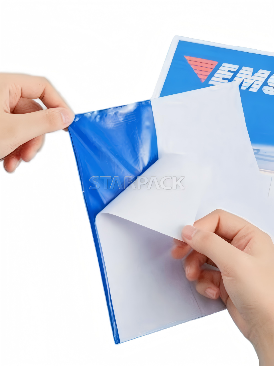 Practical usage demonstration hand opening glossy blue EMS self-adhesive slip pouch, visible white shipping document inside, easy access design for courier sorting and inspection work