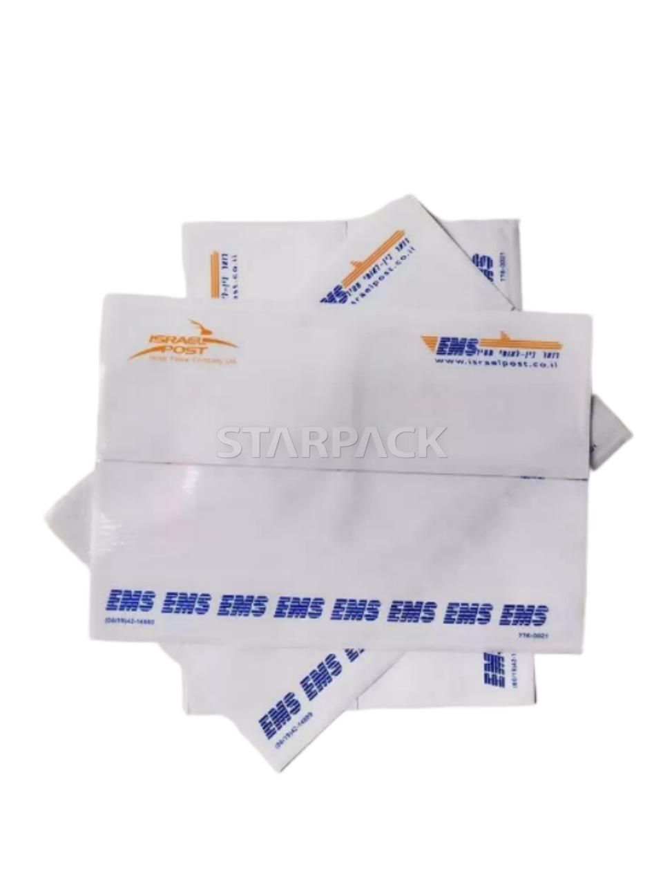 Multiple fan spread transparent PE self-adhesive shipping document bags with custom blue & yellow print, waterproof dustproof slip pouch factory wholesale for freight, cross-border logistics carton packing