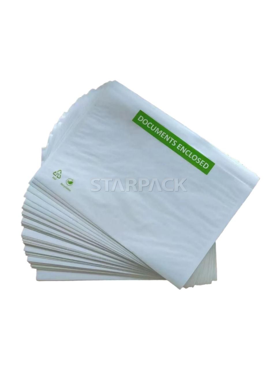 Multiple fan spread white biodegradable paper self-stick document bags with green brand print, tear resistant eco paper slip envelopes factory wholesale for sustainable e-commerce freight packaging