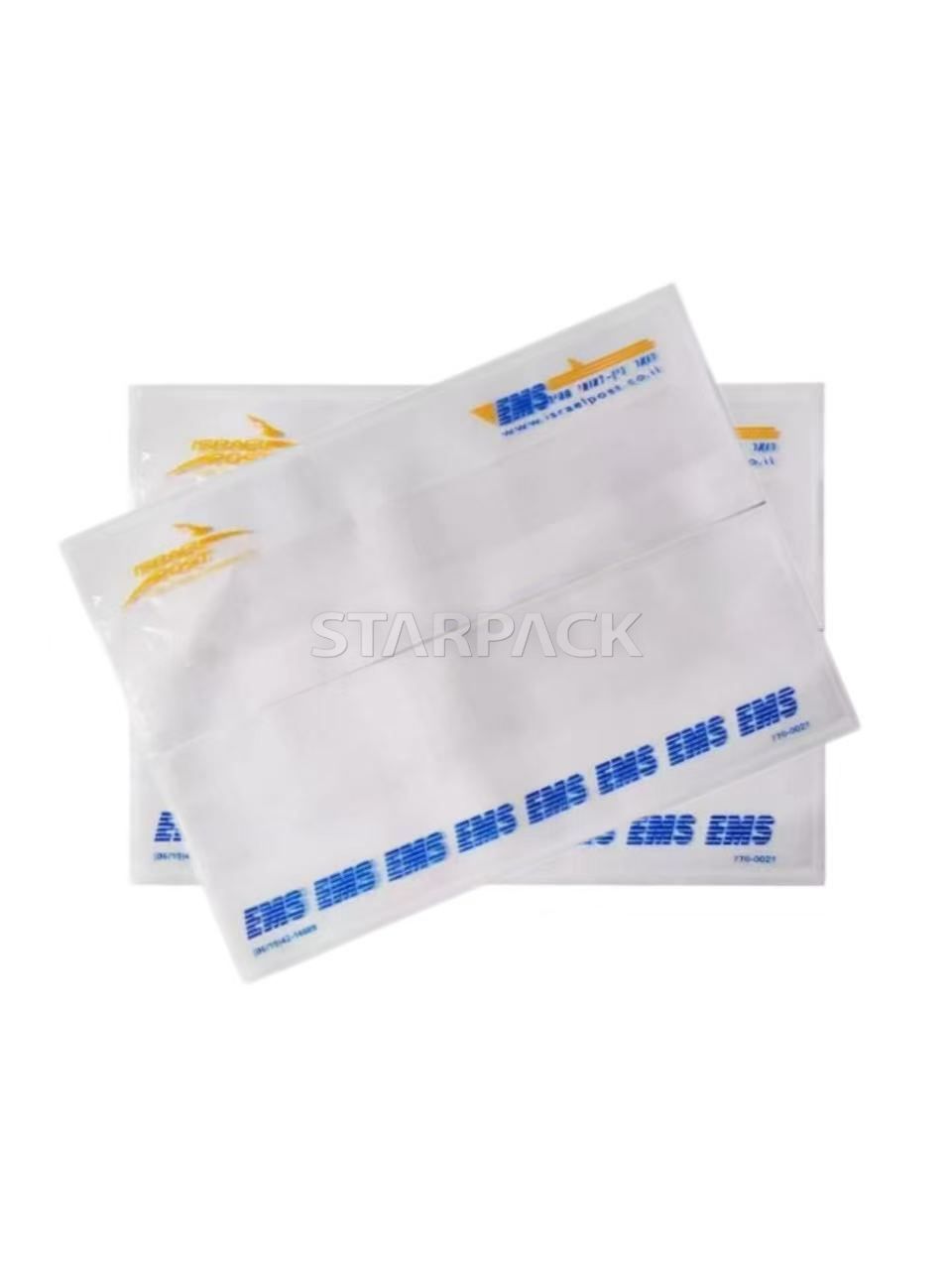 Slant overlap two clear PE self-adhesive document pouches with blue border & yellow logo print, waterproof transparent slip envelope for attaching invoice, packing list outside shipping cartons