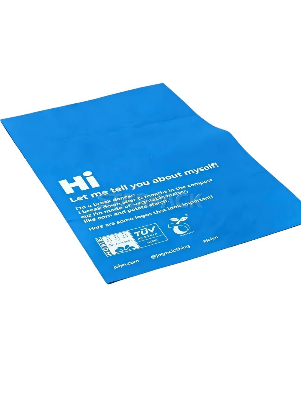 Top flat view unfolded blue custom print fully compostable courier bag, plant-based PLA PBAT material tear resistant eco mailer for apparel logistics packaging