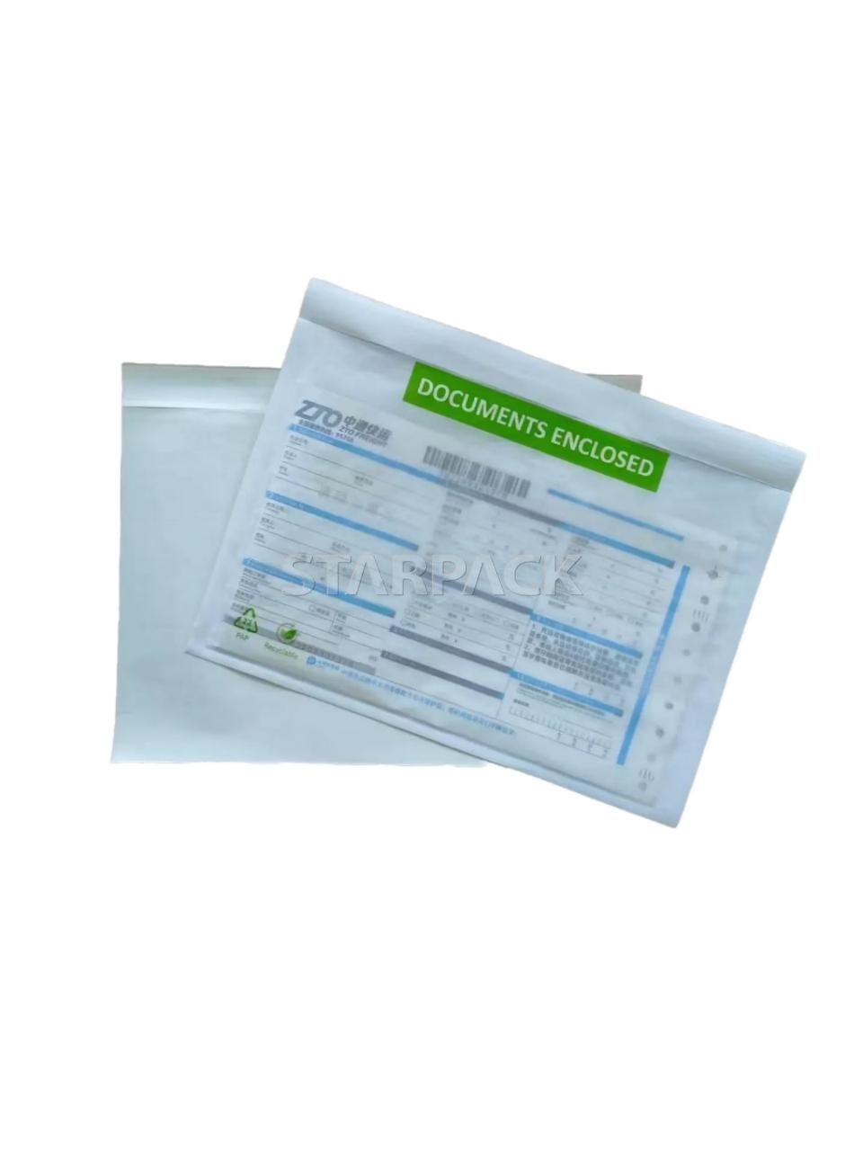 Slant overlap two pieces biodegradable white paper self-adhesive document slip pouch with green printed label, compostable paper invoice enclosed bag for attaching packing list outside shipping cartons, eco alternative to plastic slip pockets