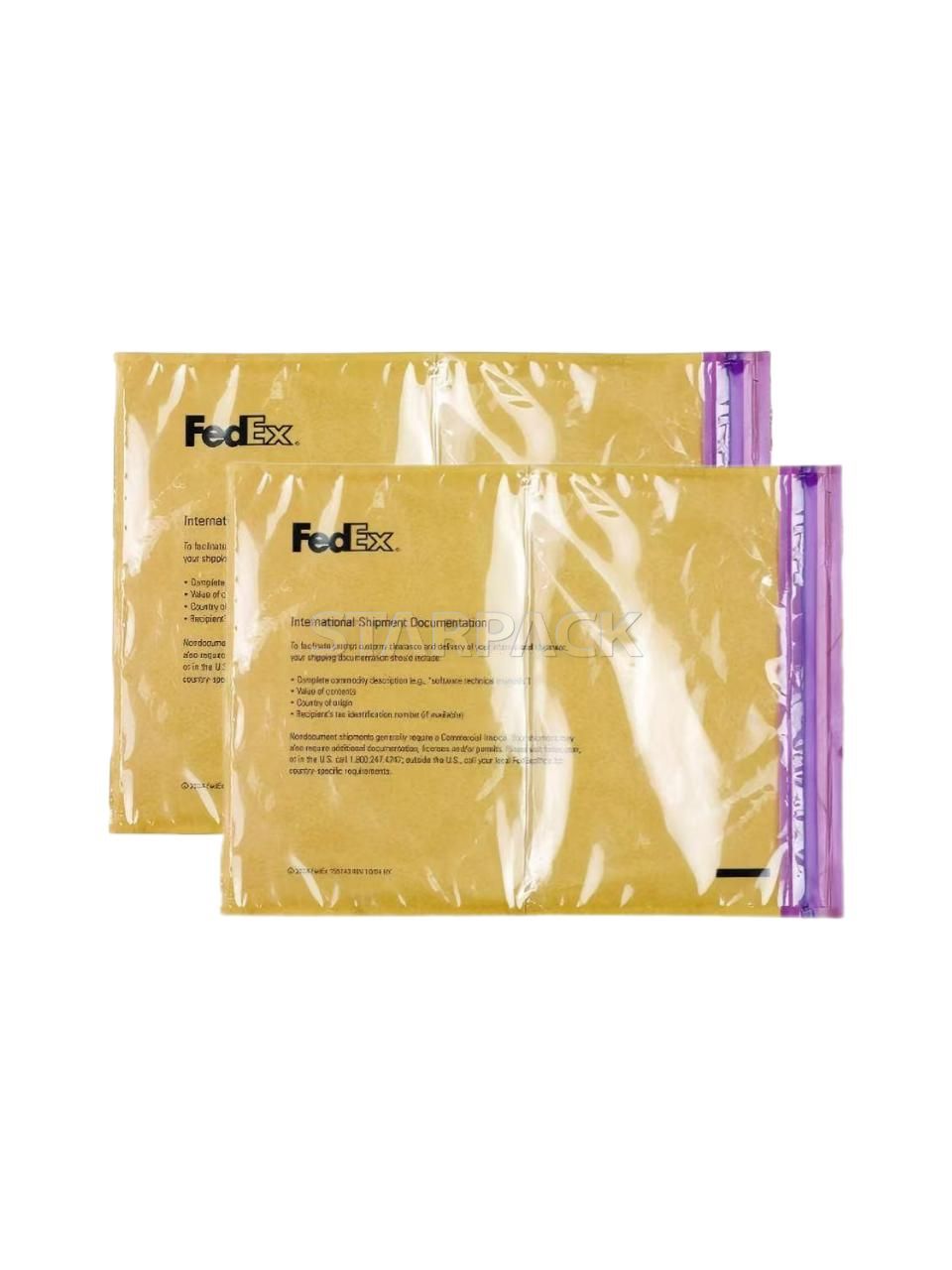 Slant overlap two yellow glossy plastic self-adhesive slip pouch with purple zip bone seal strip, double sealed design to prevent document falling out, custom brand print waterproof invoice holder attached outside shipping cartons