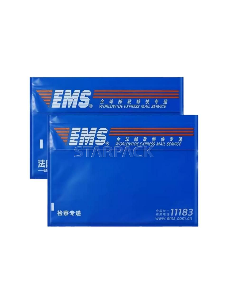 Two stacked clear glossy blue film self-adhesive slip pouch with printed EMS logo and text, waterproof transparent document holder for express packing list, invoice attached on delivery carton surface