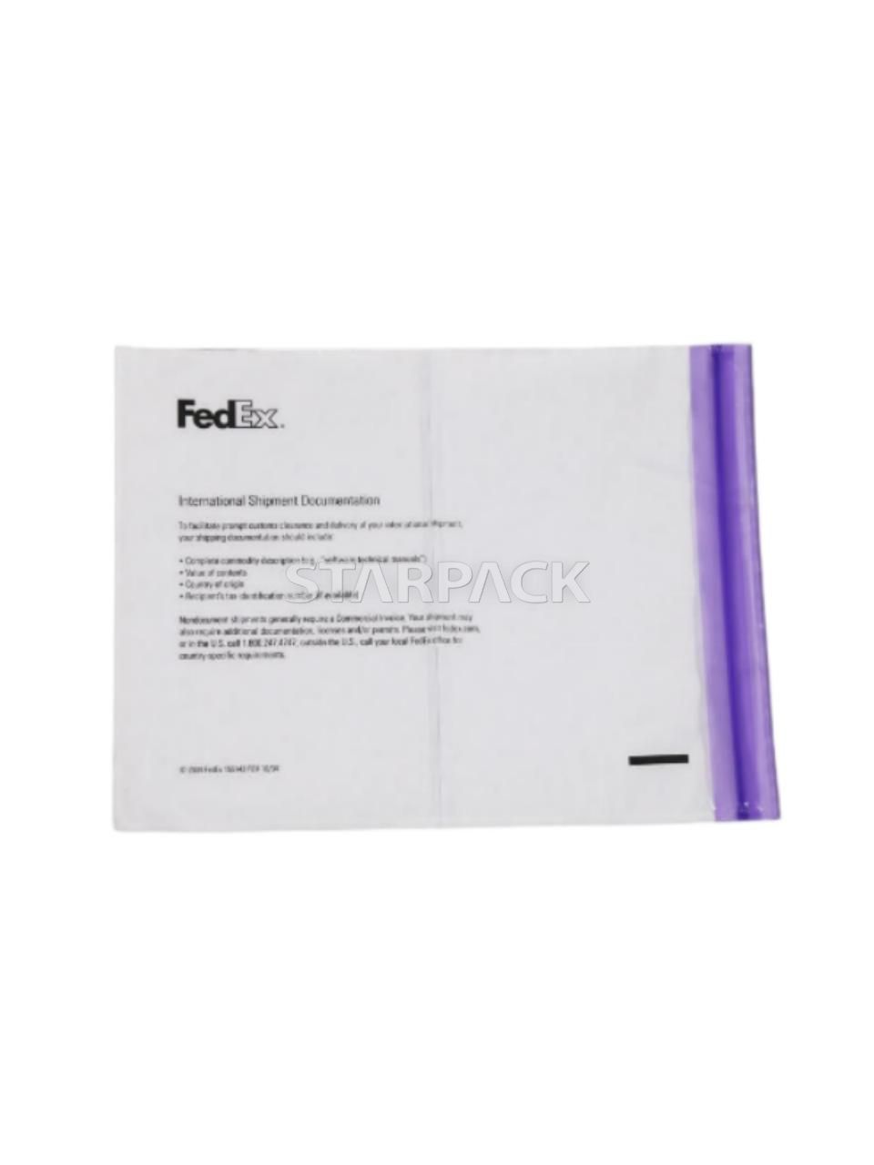 Front flat white transparent self-adhesive invoice enclosed pouch with purple resealable zip bone seal, full custom text printing, double protection design for confidential shipping documents, warehouse sorting packaging accessory