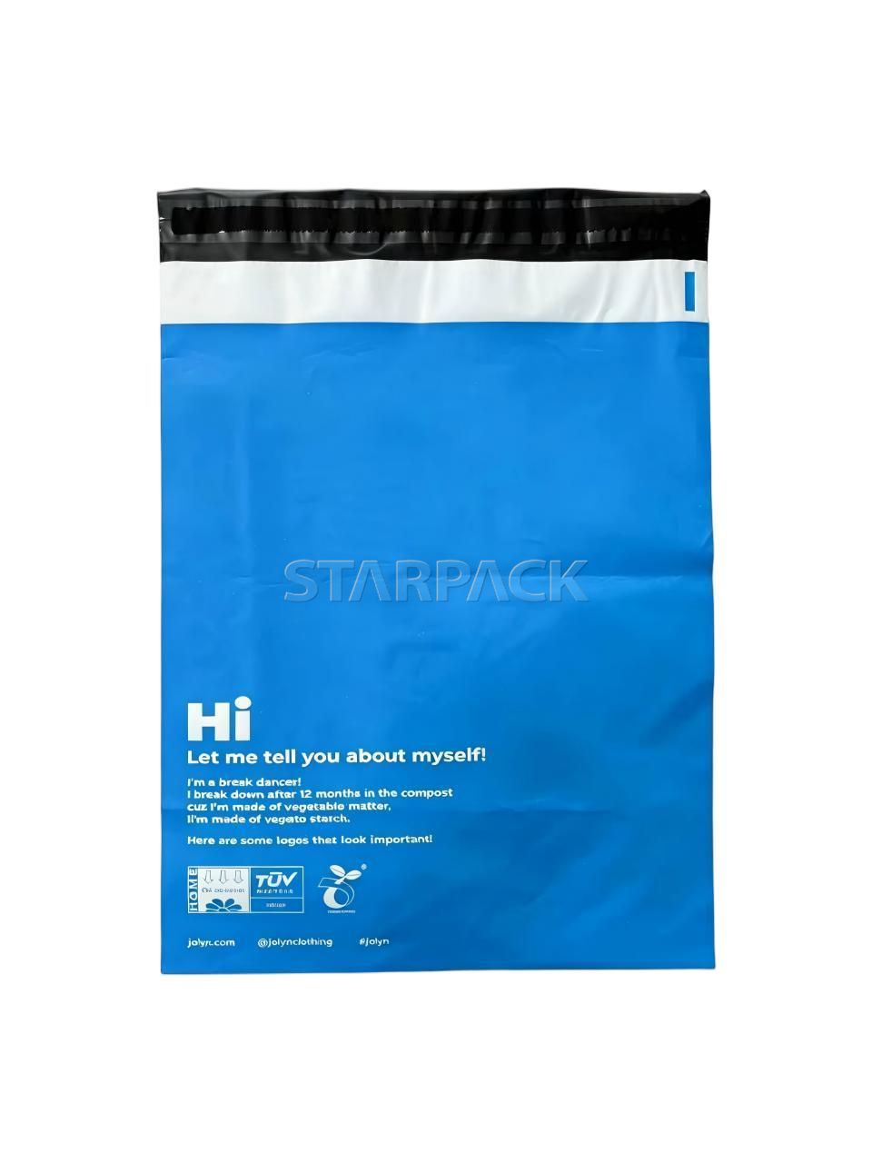 Single vertical blue fully biodegradable shipping mailer bag with black disposable tear-off adhesive strip, home compostable eco express bag for online store garment shipping